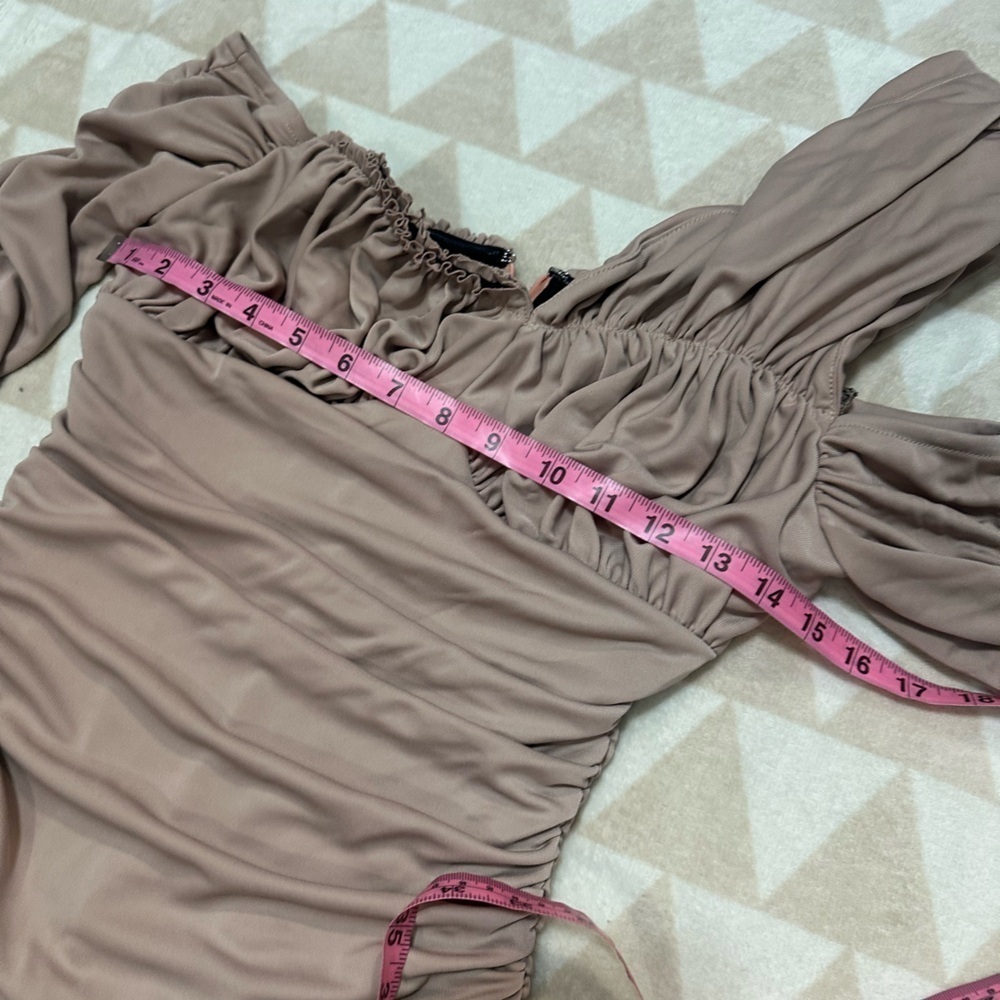 Tanya Taylor taupe one shoulder ruched maxi dress long sleeves - Picture 3 of 5